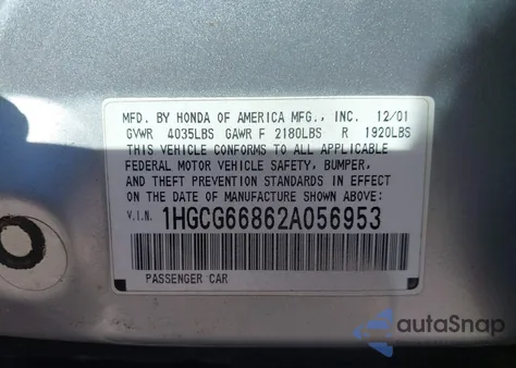 2002 Honda Accord 2.3 Ex/2.3 Se z USA, uszkodzony, nr VIN 1HGCG66862A056953